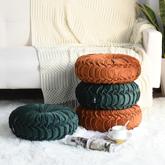 HIG Set of 2 Emerald Velvet Decorative Round Pleated Throw Pillows | Vintage - Image 5