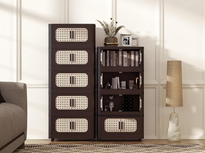 Folding Storage Cabinet with Wheels, 5-Tier Narrow Retro Brown Storage Tower - Image 3
