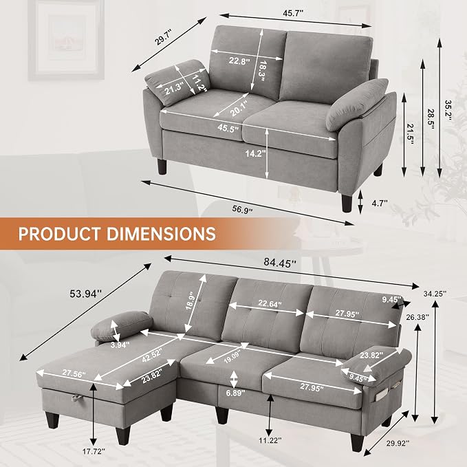 84" Convertible Sectional Sofa Set, 3 Seat L Shaped Couch - Image 2