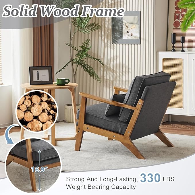 VINGLI Solid Wood Wide Armrests Accent Chair, Upholstered Mid Century Modern - Image 4