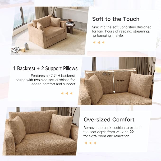 Oversized Armchair, 43.9" W Chenille Single Sofa Modern Upholstered Deep Seat - Image 3