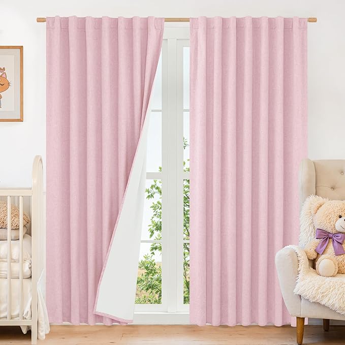 Pink 100% Blackout Linen Curtains 84 Inch by LAMIT