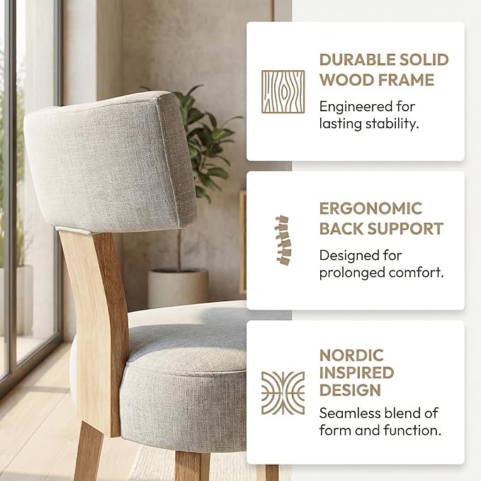 HNY Set of 6 Mid Century Modern Dining Chairs, Farmhouse Linen Fabric - Image 4