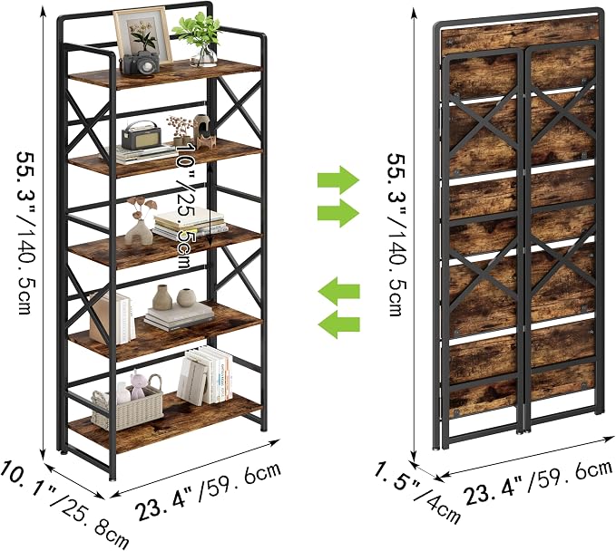 No Assembly Folding Bookshelf, 5 Tiers Vintage Wood Collapsible Book Shelf - Image 3