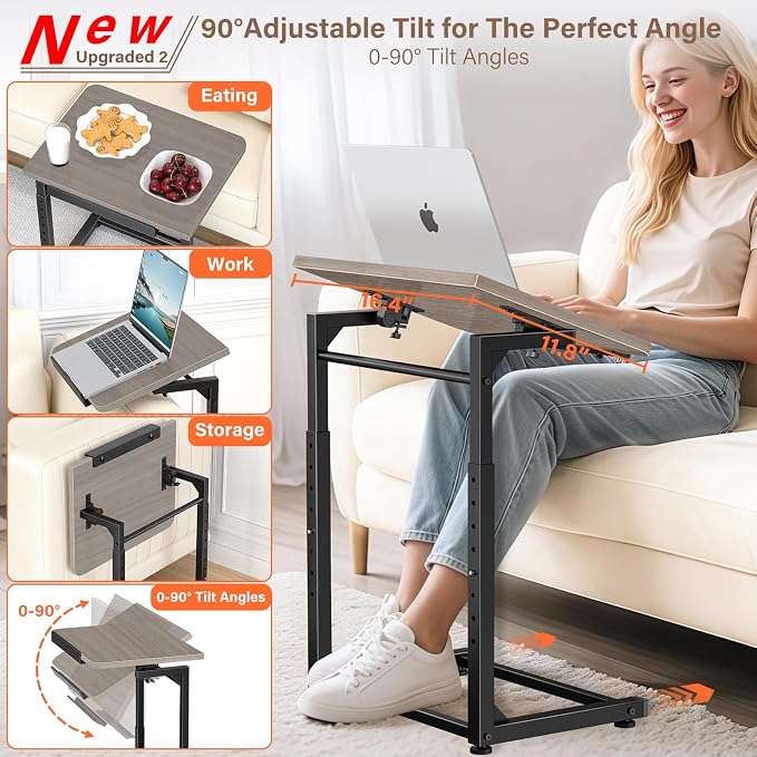 Tv Tray Table Set of 2, 8-Level Adjustable Height Couch Side Table，90° Tilt - Image 3