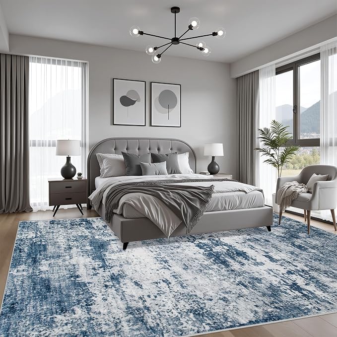 Area Rug Living Room: 5x5 Modern Washable Indoor Soft Carpet Blue | - Image 3