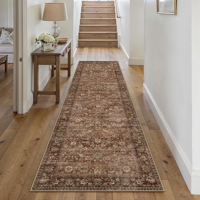 2x8 Brick Red Vintage Floral Washable Runner Rug by HUGEAR