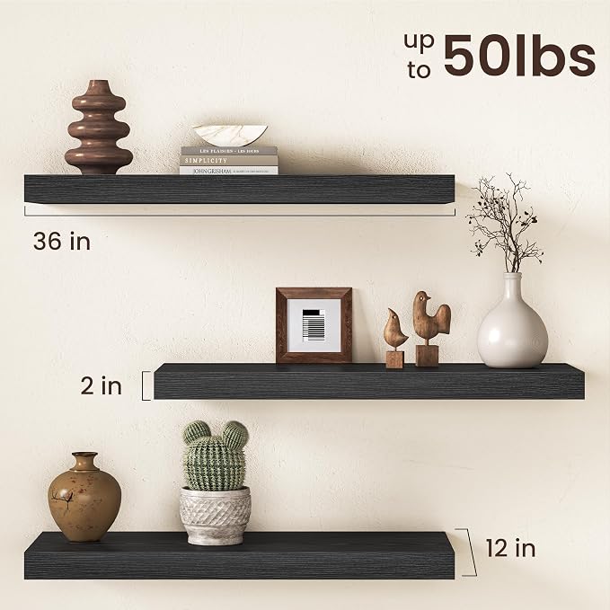 36Inch Black Floating Shelves for Wall, 12 Inch Deep Shelves for Bedroom - Image 3