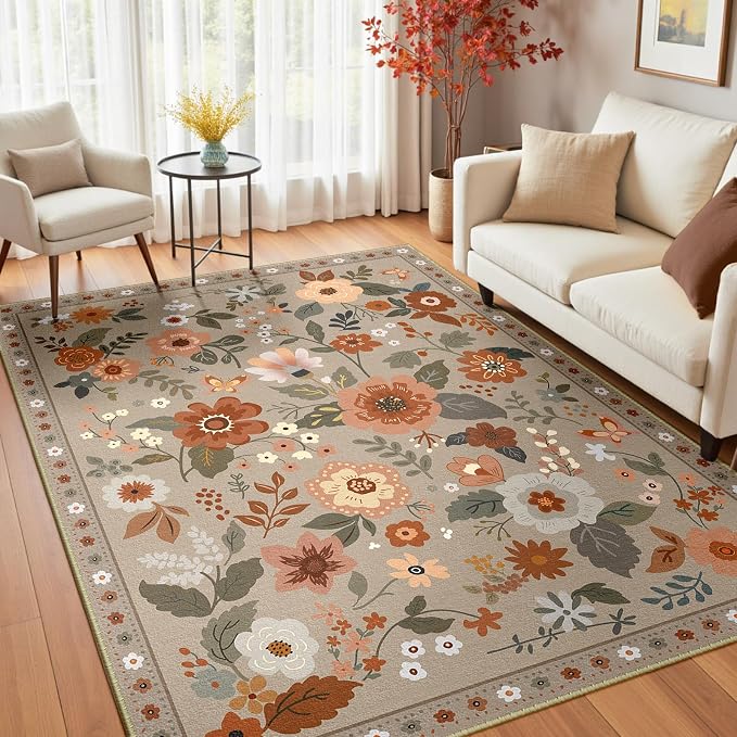 RELEANY Floral Washable 3x5 Area Rugs Brown/Brick | Flower Carpet Print Boho - Image 2