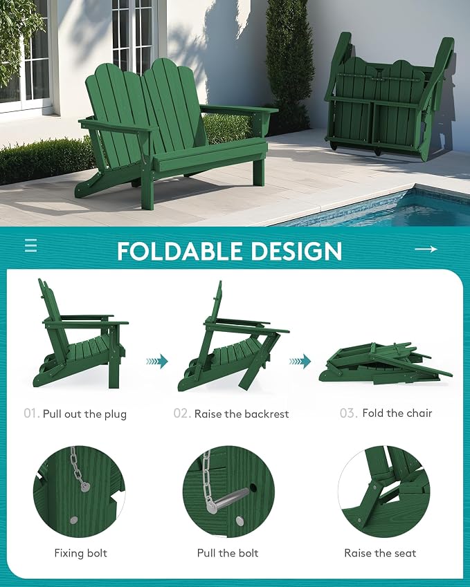 SERWALL Folding Adirondack Bench, HDPE All-Weather Adirondack Loveseat - Image 4
