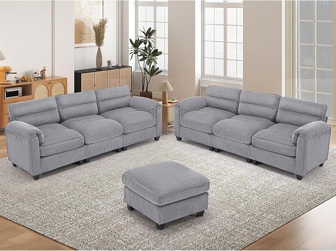 HAOMARKETS Corduroy Sofa Set, Upholstered Ottoman and 3-Seater Couch Set of 2 - Image 6