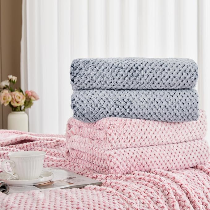 Exclusivo Mezcla Soft Waffle Fleece Bed Blanket Queen Size, Heather Navy | - Image 8