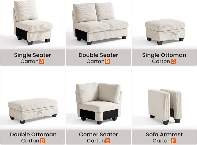 CHIC HOUSE Middle Module for Modular Couch, Corduroy Customizable Chaise - Image 3
