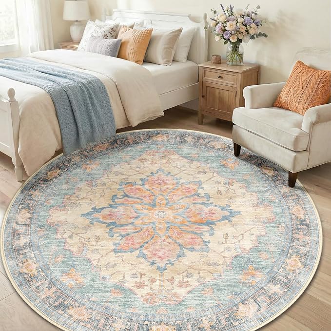 RELEANY Washable Area Rug, Round 6ft, Water Repellent, Pet Friendly, Vintage - Image 3