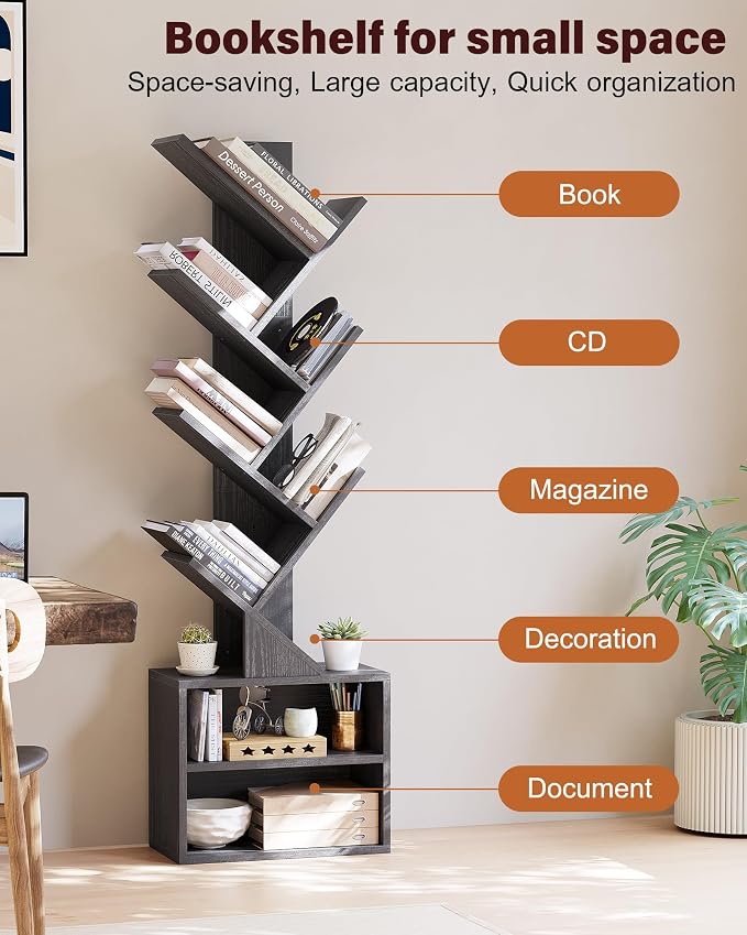 SUNMORY 6 Tier Tree Bookshelf, Small Bookcase - Image 3