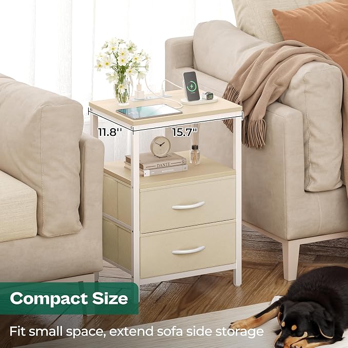 Huuger Nightstand with Charging Station, Side Table with Fabric Drawers - Image 6