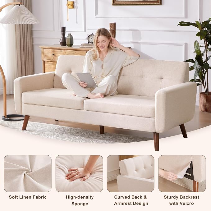 Tbfit 77.2" W Linen Sofa Couch, Mid Century Modern Decor Loveseat Couches - Image 5