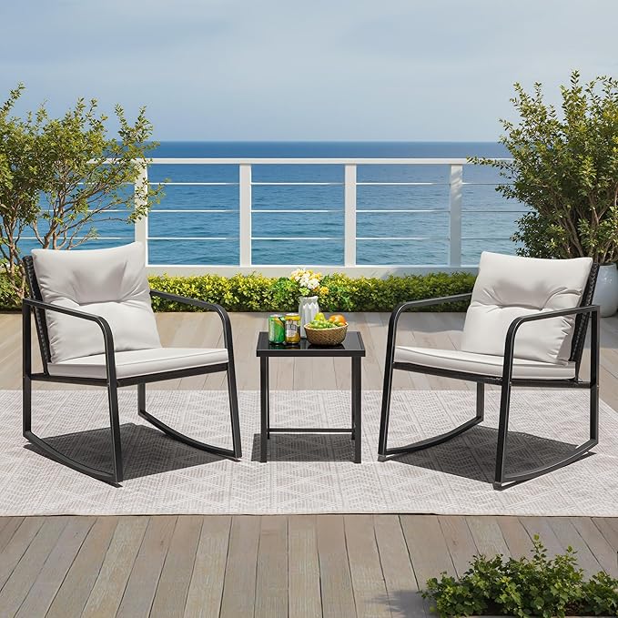 Greesum 3 Pieces Rocking Wicker Bistro Set, Patio Outdoor Furniture - Image 3