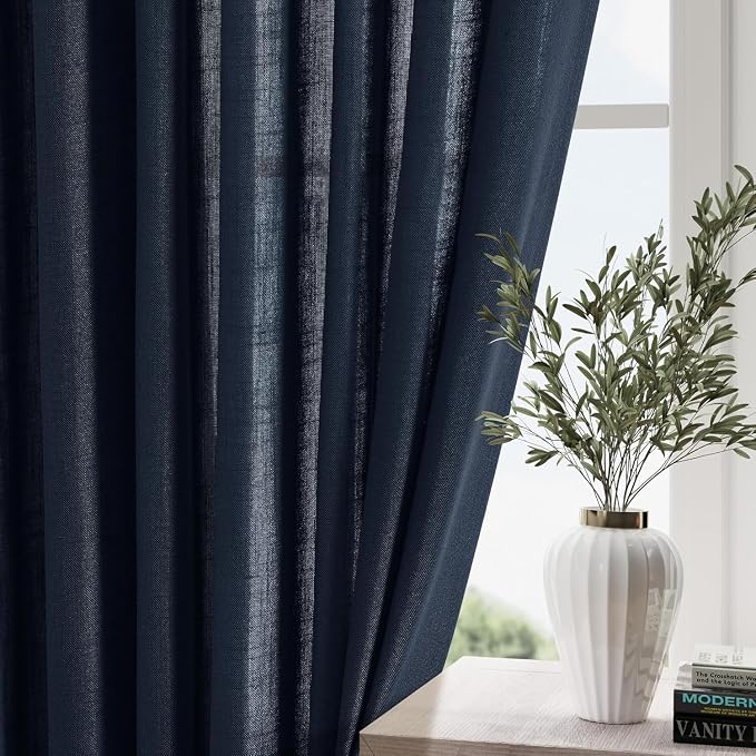 Navy Blue Linen Curtains 63 Inches Length 2 Panels Set - Image 2