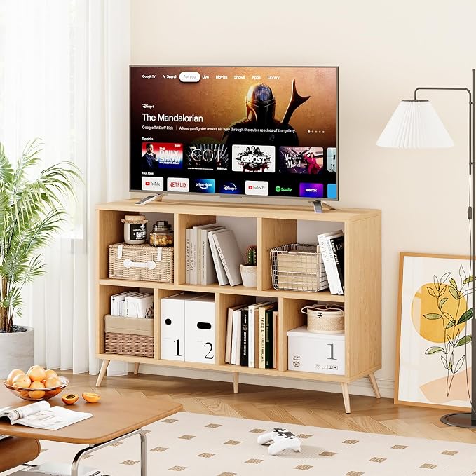 7-Cube Storage Organizer with Natural Wood Legs, Mid-Century Modern Bookcase - Image 2