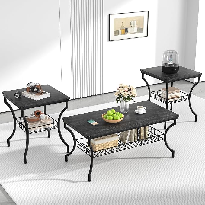 VECELO 3 Pieces Living Room Table Sets, Coffee and End Tables by VECELO