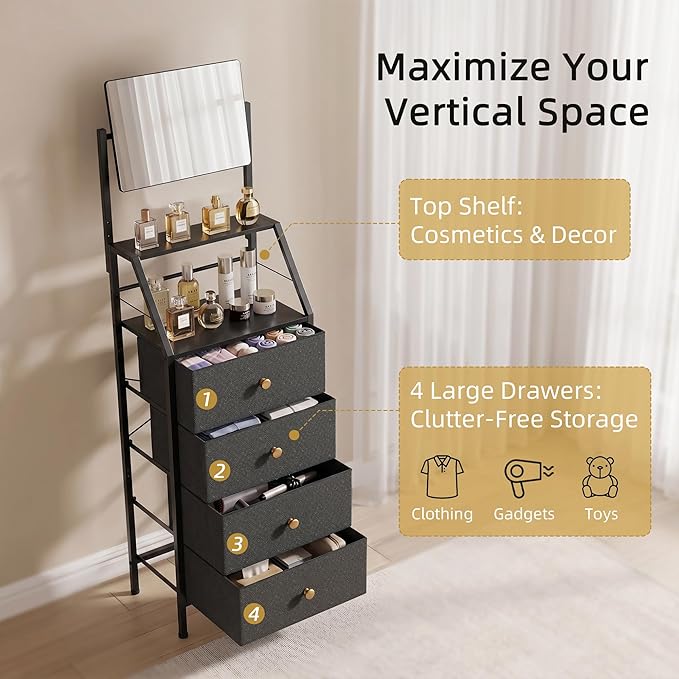 HIGDBFE 4-Drawer Dresser with Mirror, Vanity with 2-Tier Shelves, Fabric Chest - Image 5