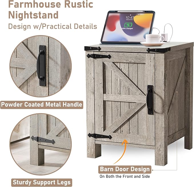 OKD Nightstand with Charging Station, 18 Inch Farmhouse End Table with Barn - Image 5