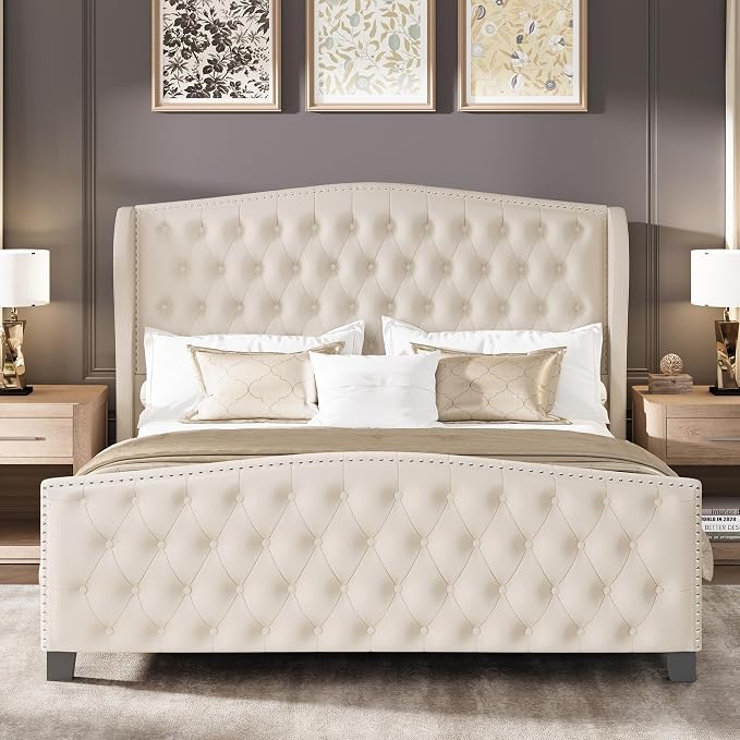 LARMACE King Size Bed Frame Velvet Upholstered Platform Bed - Image 7