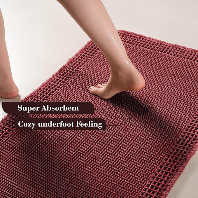 RESARE Waffle Bathroom Runner Rugs, Non Slip Boho Bath Mat 24"x48" Dark Red | - Image 3