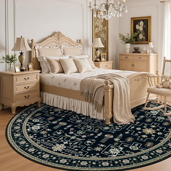 Round Area Rug for Living Room: 4ft Washable Rug for Bedroom Black | Vintage - Image 4
