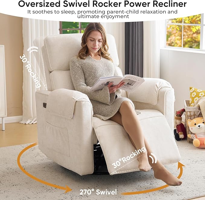 Oversized Power Rocker Recliner Chair, Chenille Glider Rocking Nursery Chair - Image 6