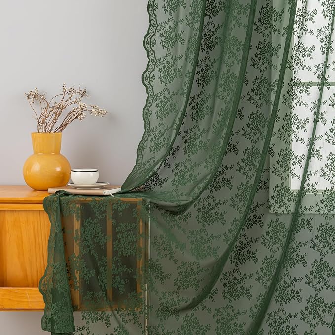 YJ YANJUN Vintage Lace Curtains 63 Inch Length-Victorian Floral Dark Olive - Image 2