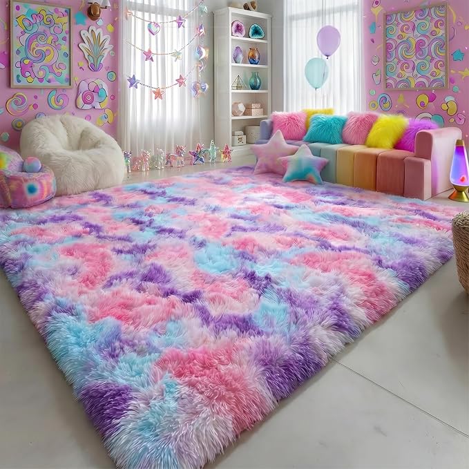 Amdrebio Pink Blue Purple Big Shaggy Rug 6x9 by Amdrebio