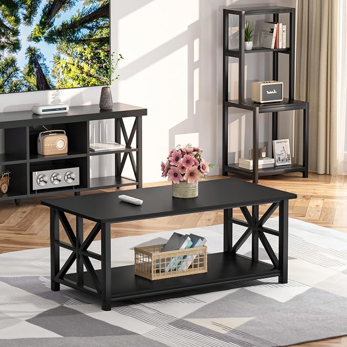 GreenForest Coffee Table with Round Corner, Farmhouse Center Table with 2-Tier - Image 7