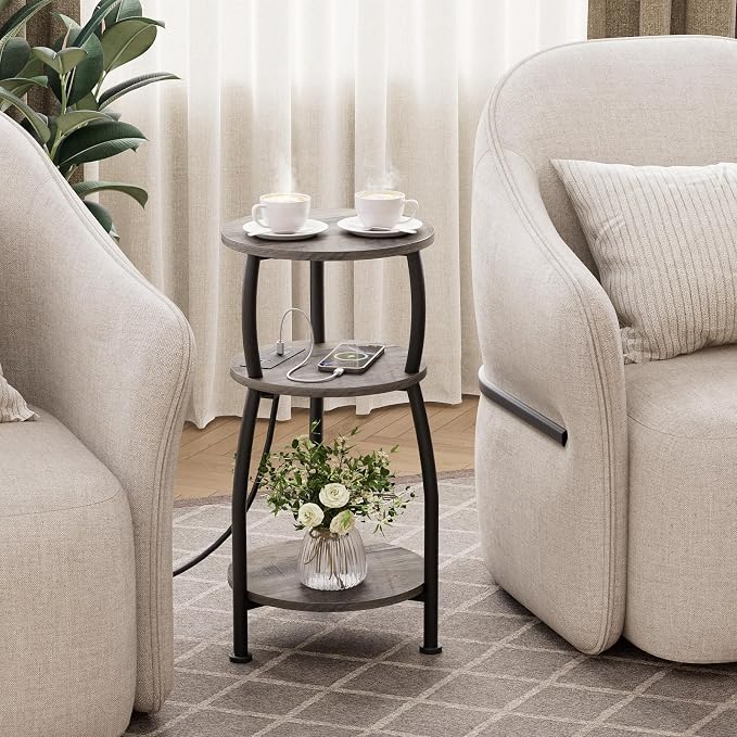 Round Side Table with Power Outlet & USB Ports, 3-Tier End Table with Storage - Image 5