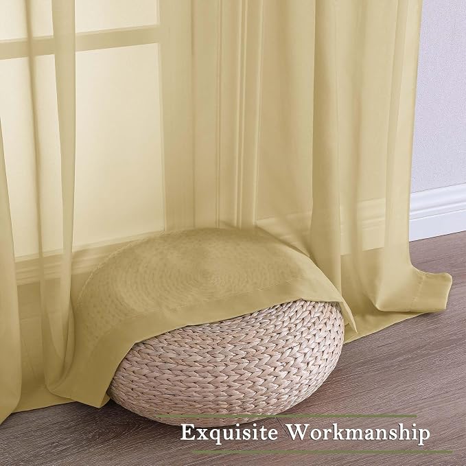 Gold Sheer Curtains 63 Inch Length 2 Panels, Rod Pockets Window Treatments - Image 9