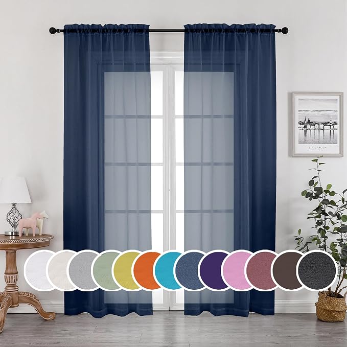 Navy Blue Sheer Curtains 90 Inches Long, Solid Light Filtering Sheer Curtains by OWENIE