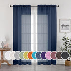 Navy Blue Sheer Curtains 90 Inches Long, Solid Light Filtering Sheer Curtains by OWENIE