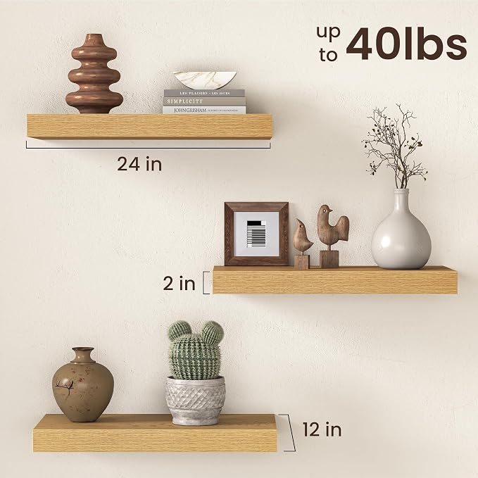 Fun Memories 12 Inch Deep Oak Floating Shelf, 24 x 12 Rustic Wood Wall Shelf - Image 3