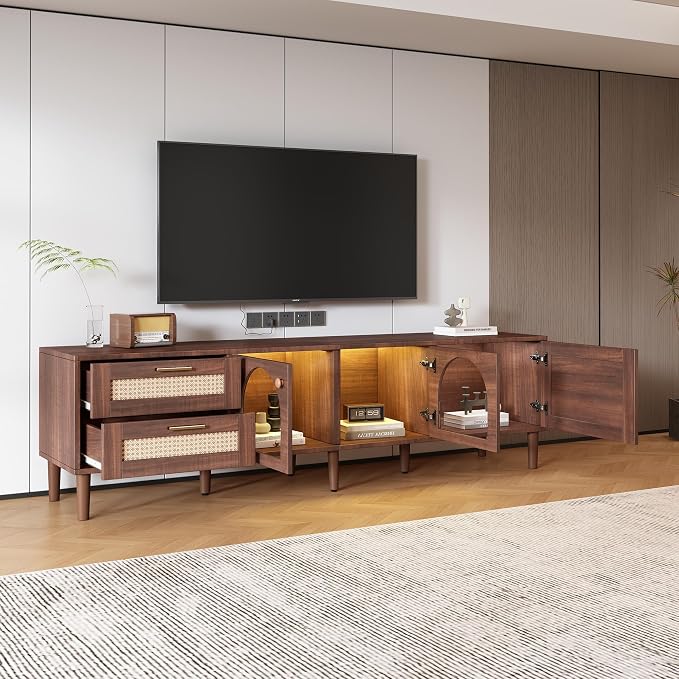 Merax Rattan TV Stand with LED Lights, Solid Wood Feet, Living Room, Bedroom - Image 4