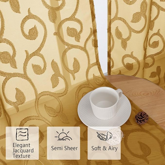 Furman Sheer Curtains 45 Inch Length 2 Panels Set, Elegant Geometric Jacquard - Image 2