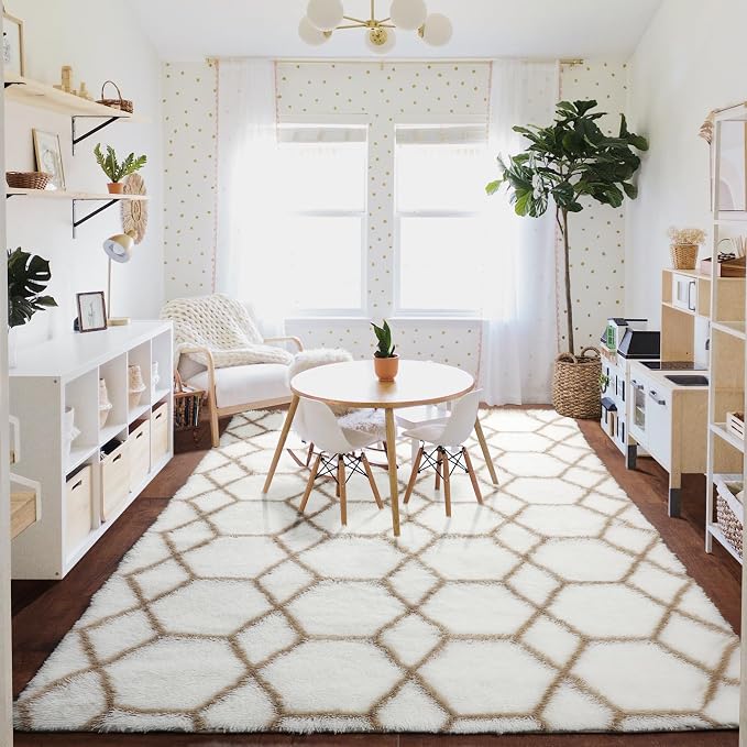Area Rugs for Living Room, 7x10 Fluffy White and Beige Modern Bedroom Rug | - Image 8
