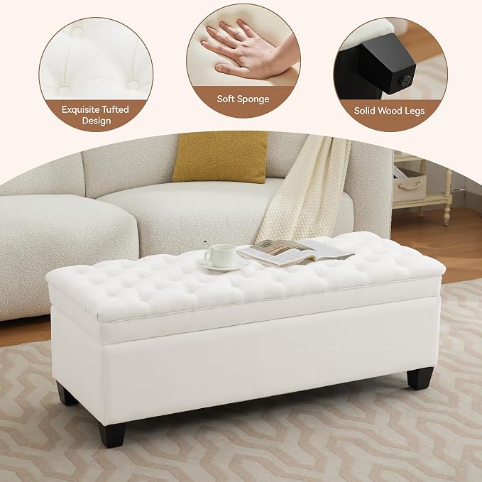 WUTUTUEE 51" Fabric Storage Ottoman Bench, Upholstered Rectangle End of Bed - Image 4