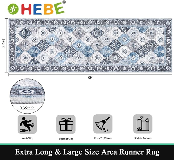 HEBE Hallway Runner Rug 2'8''x8', Washable Non Slip Kitchen Rug Runner | Soft - Image 2