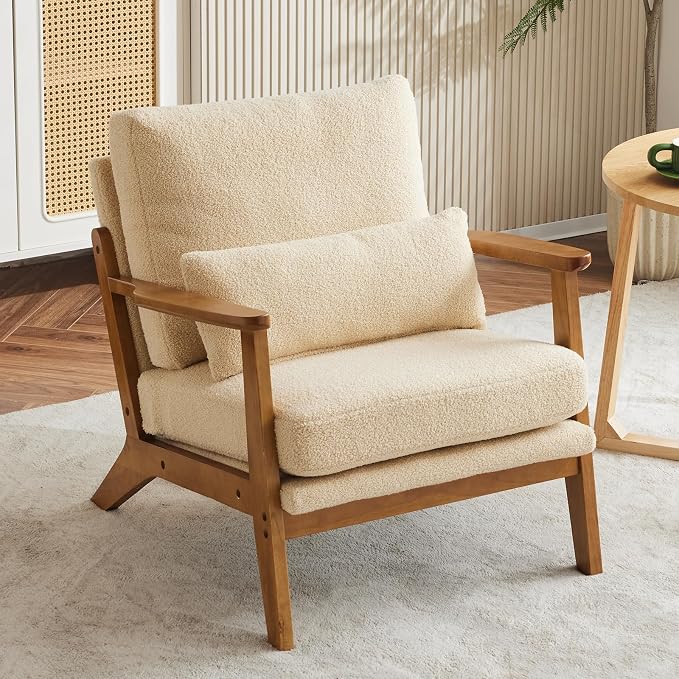 VINGLI Solid Wood Wide Armrests Accent Chair, Upholstered Mid Century Modern - Image 9