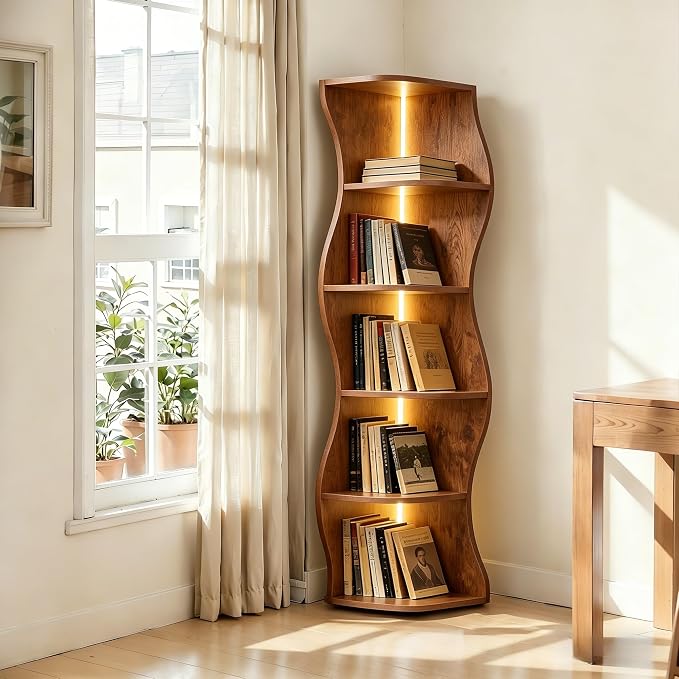 VECELO Wavy Corner Shelf with LED Light, Decorative 6-Tier Corner Display by VECELO