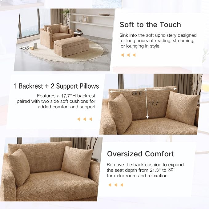 Oversized Armchair with Ottoman, 43.9" W Chenille Accent Chaise Lounge Sofa - Image 3