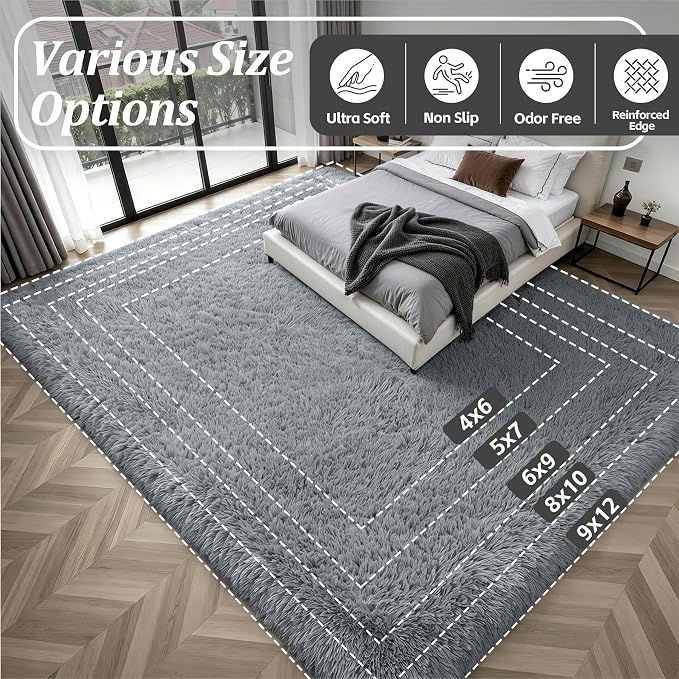 Area Rug Living Room Bedroom: 6x9 Fluffy Plush Shag Carpet Gray | - Image 9