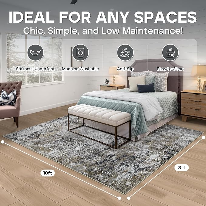 8x10 Area Rugs for Living Room Bedroom Dining Room Washable Black Gold | Soft - Image 2