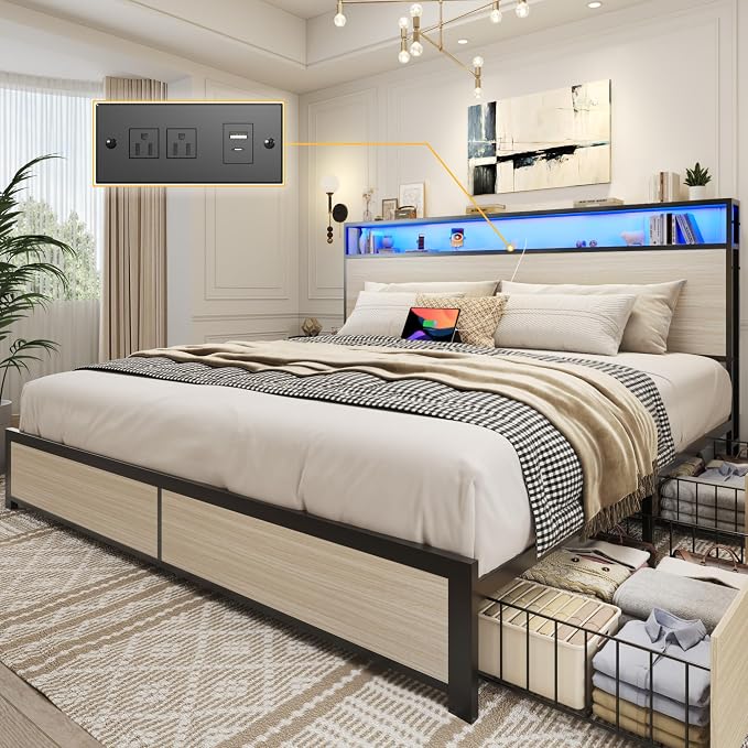 Lifezone King Bed Frame with 2-Tier Storage Headboard, Metal Platform Bed Frame by Lifezone